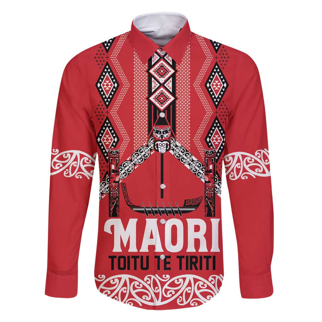 Toitu Te Tiriti Waitangi Family Matching Tank Maxi Dress and Hawaiian Shirt Red Wharenui House LT9 Dad's Shirt - Long Sleeve Red - Polynesian Pride