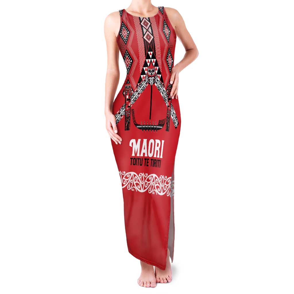 Toitu Te Tiriti Waitangi Family Matching Tank Maxi Dress and Hawaiian Shirt Red Wharenui House LT9 Mom's Dress Red - Polynesian Pride