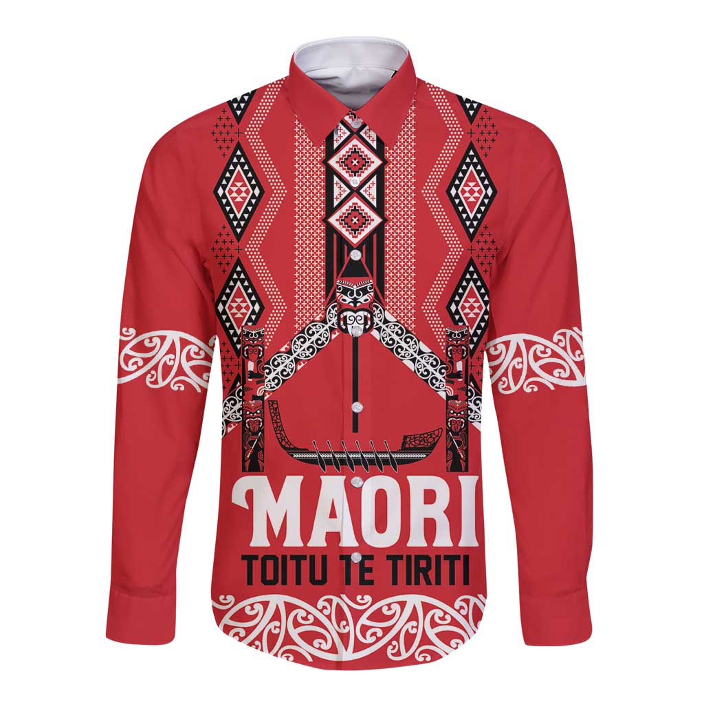 Toitu Te Tiriti Waitangi Long Sleeve Button Shirt Red Wharenui House - Polynesian Pride