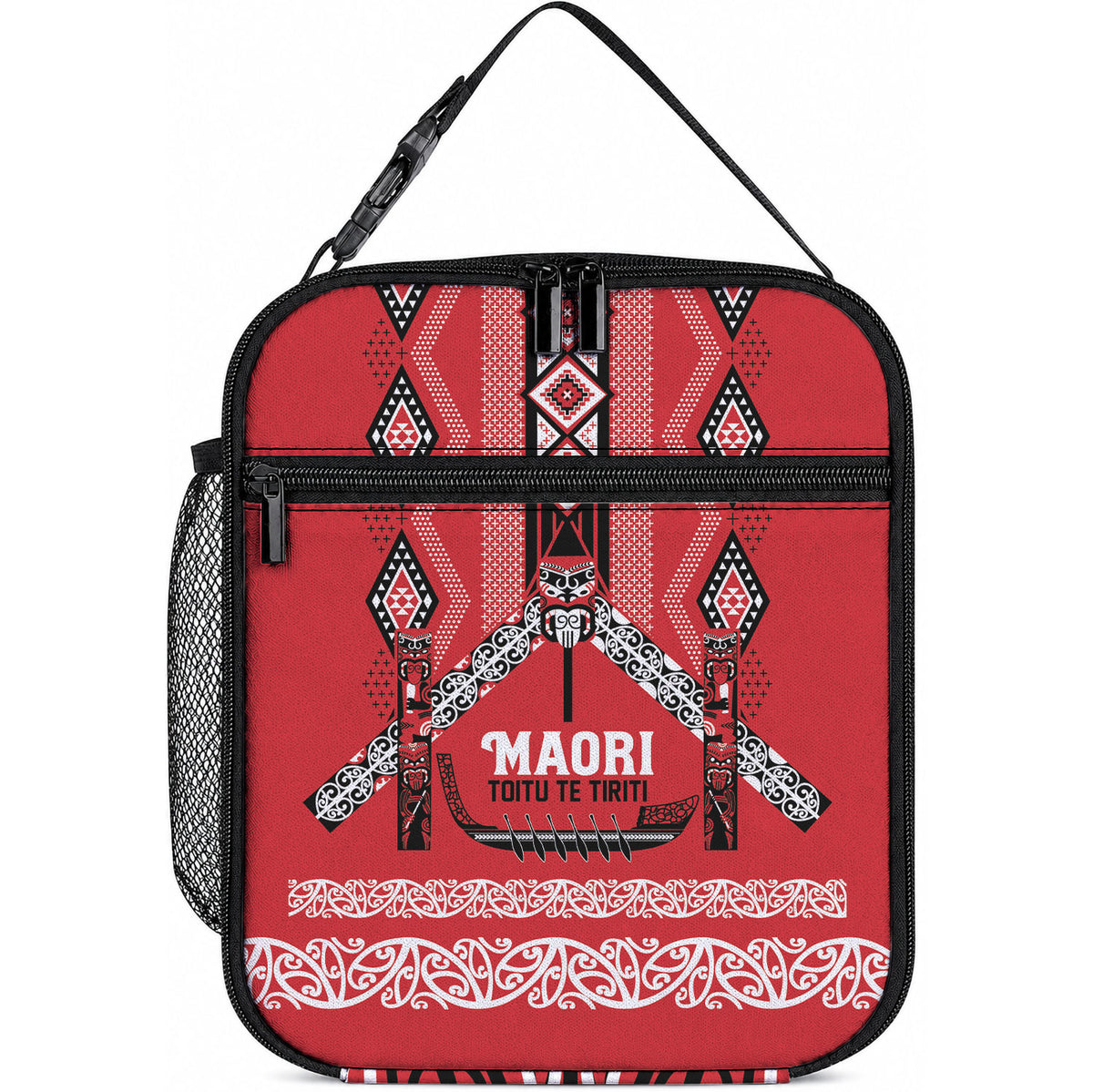 Toitu Te Tiriti Waitangi Lunch Bag Red Wharenui House LT9 10.2 × 8.3 × 4.3 inch Red - Polynesian Pride
