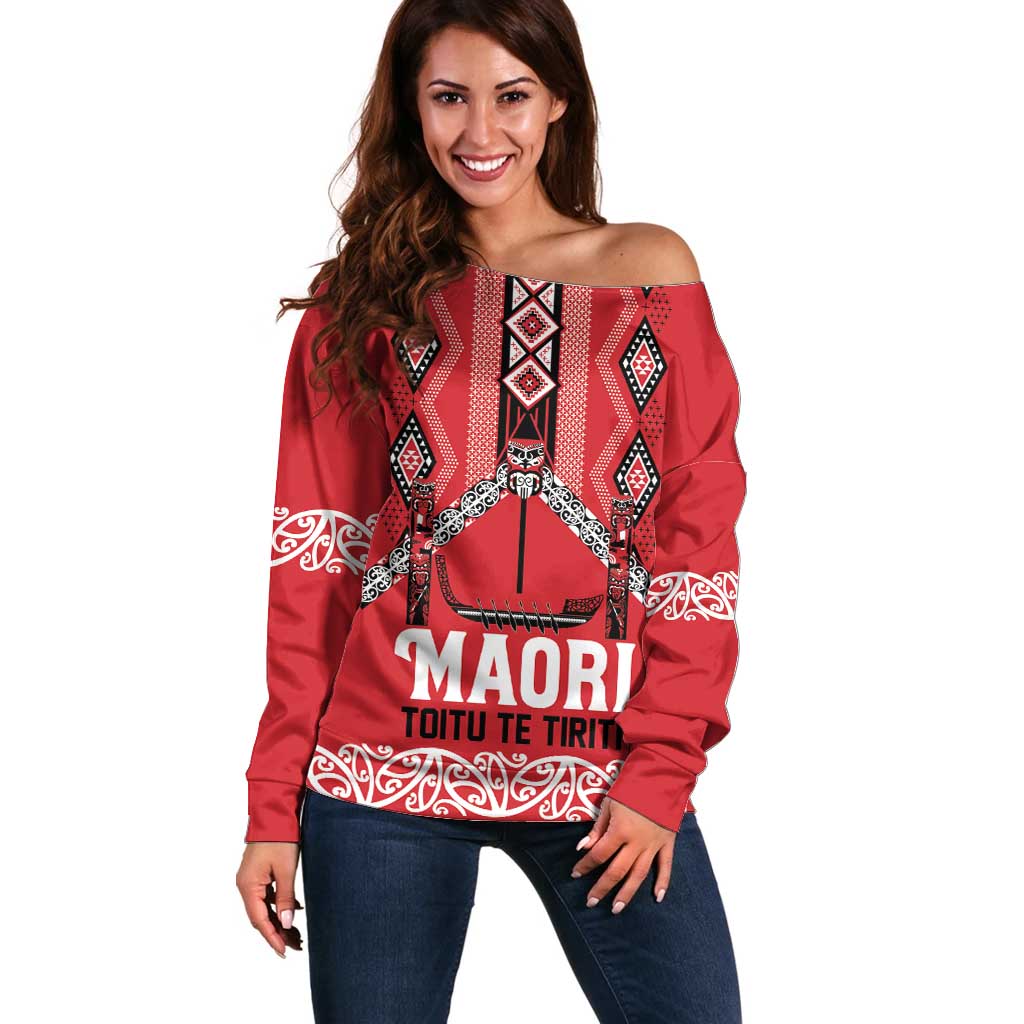 Toitu Te Tiriti Waitangi Off Shoulder Sweater Red Wharenui House - Polynesian Pride