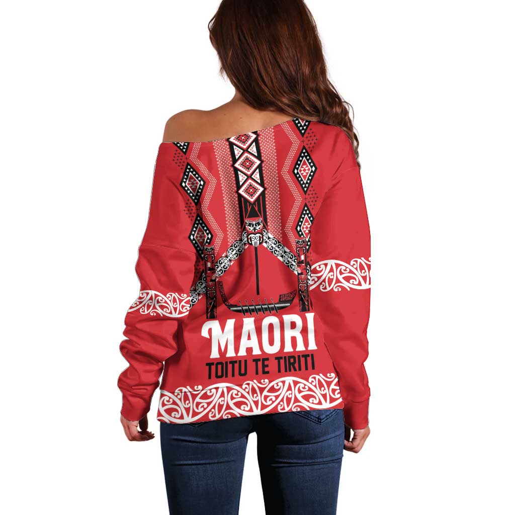 Toitu Te Tiriti Waitangi Off Shoulder Sweater Red Wharenui House - Polynesian Pride