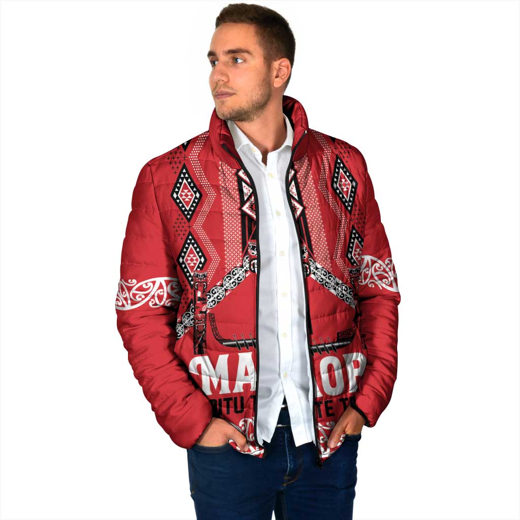 Toitu Te Tiriti Waitangi Padded Jacket Red Wharenui House - Polynesian Pride