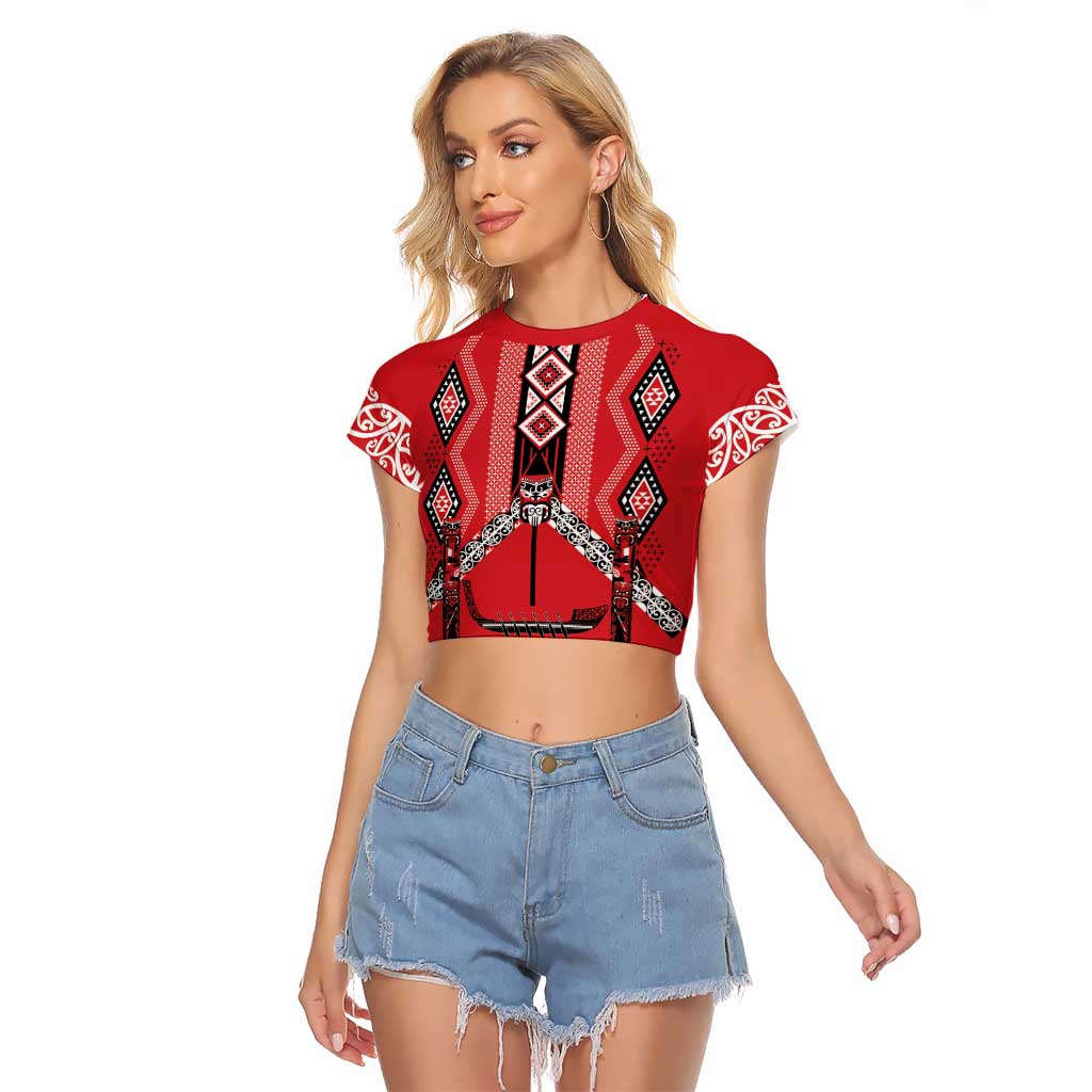 Toitu Te Tiriti Waitangi Raglan Cropped T Shirt Red Wharenui House - Polynesian Pride