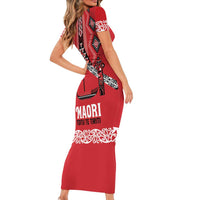 Toitu Te Tiriti Waitangi Short Sleeve Bodycon Dress Red Wharenui House - Polynesian Pride