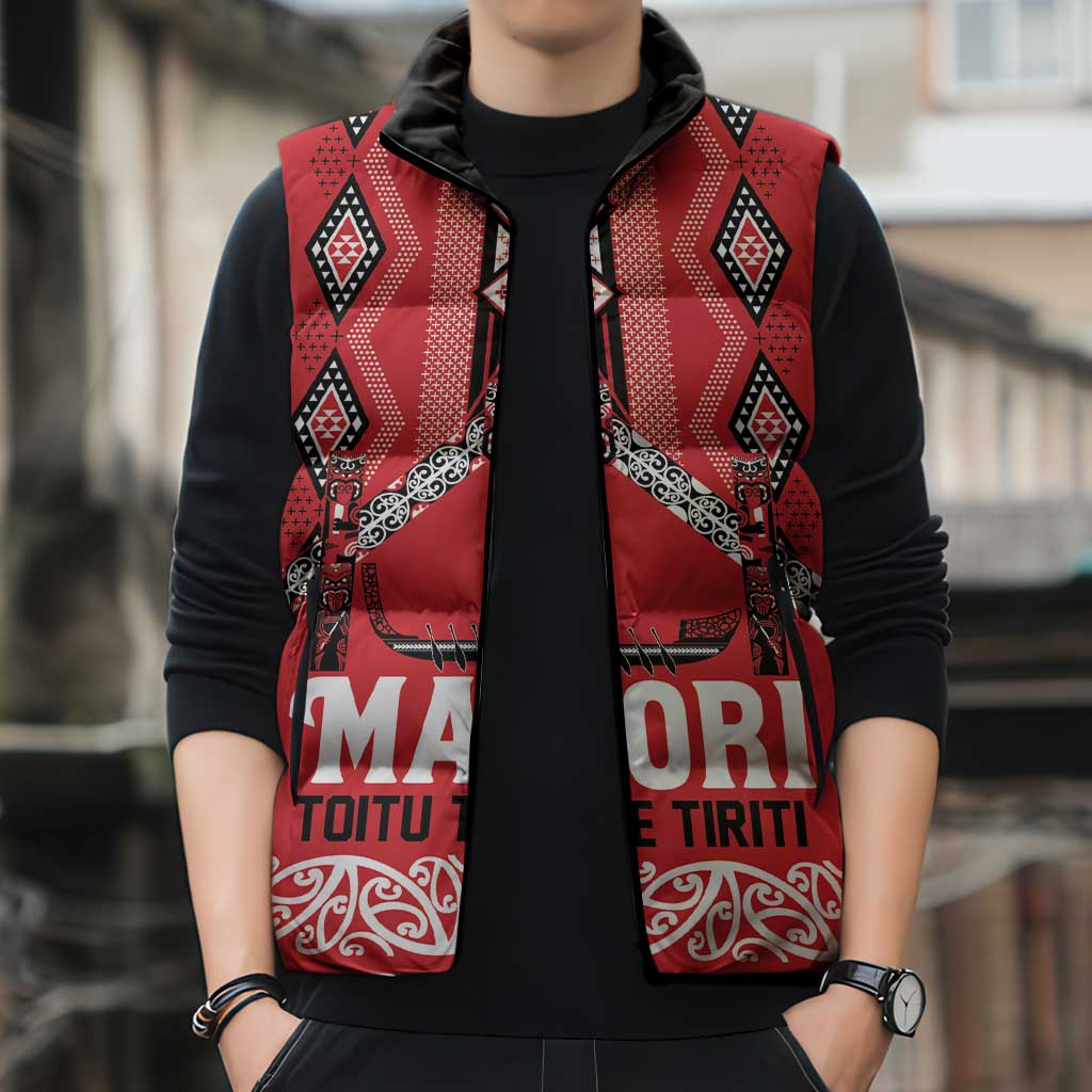 Toitu Te Tiriti Waitangi Sleeveless Puffer Jacket Red Wharenui House - Polynesian Pride