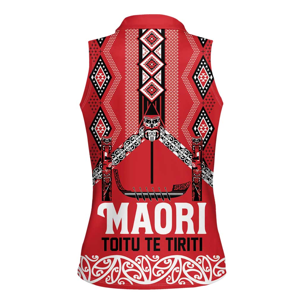 Toitu Te Tiriti Waitangi Women Sleeveless Polo Shirt Red Wharenui House - Polynesian Pride
