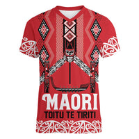 Toitu Te Tiriti Waitangi Women V-Neck T-Shirt Red Wharenui House - Polynesian Pride