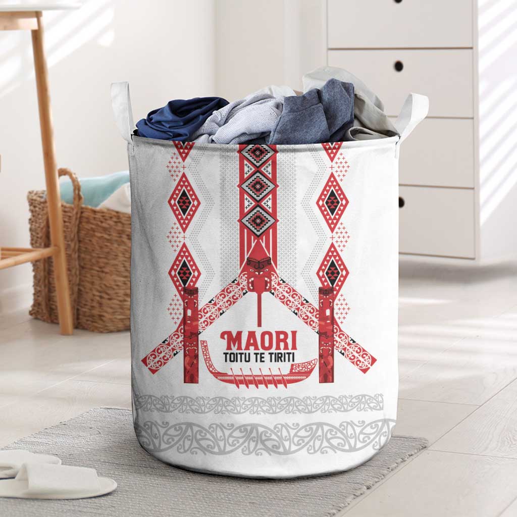 Toitu Te Tiriti Waitangi Laundry Basket White Wharenui House - Polynesian Pride