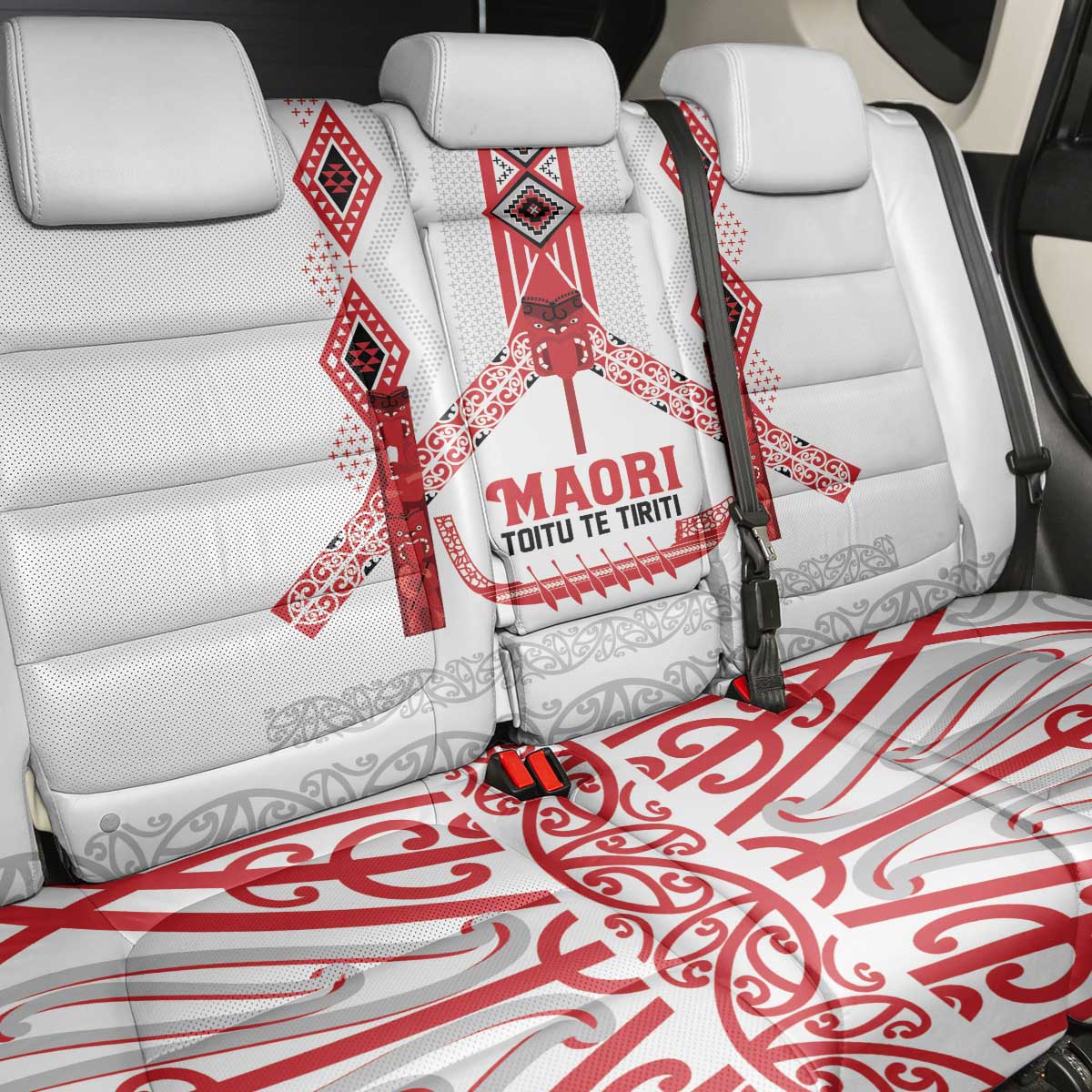 Toitu Te Tiriti Waitangi Back Car Seat Cover White Wharenui House - Polynesian Pride