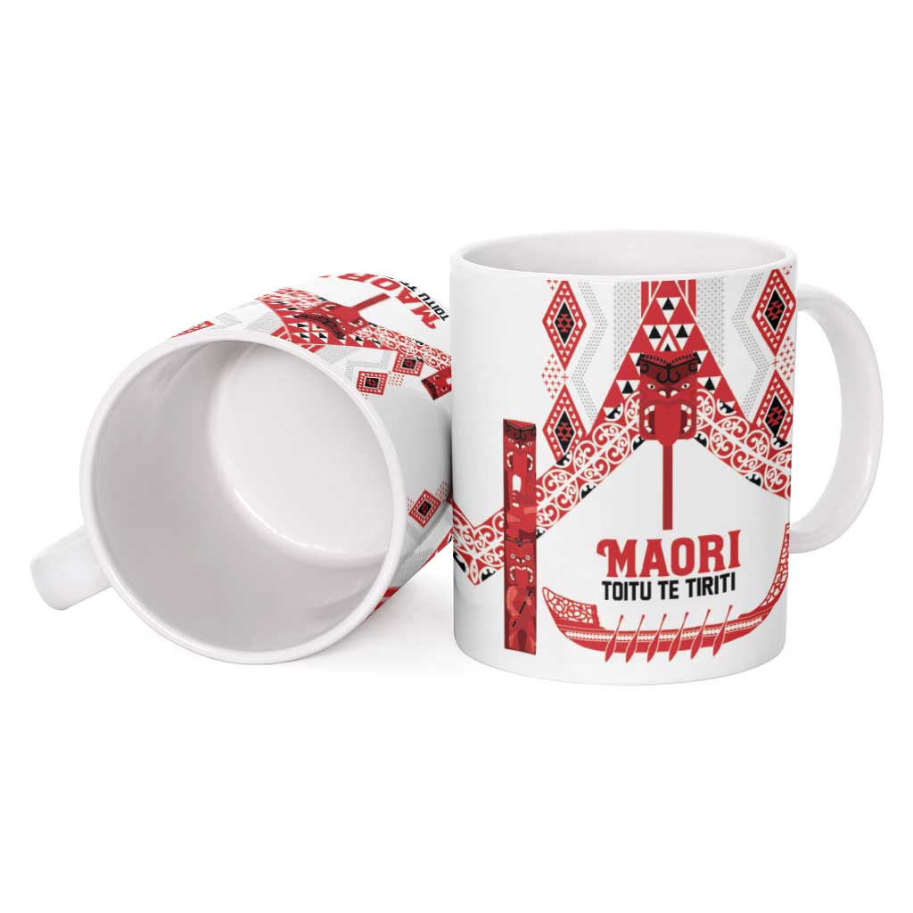 Toitu Te Tiriti Waitangi Ceramic Mug White Wharenui House - Polynesian Pride