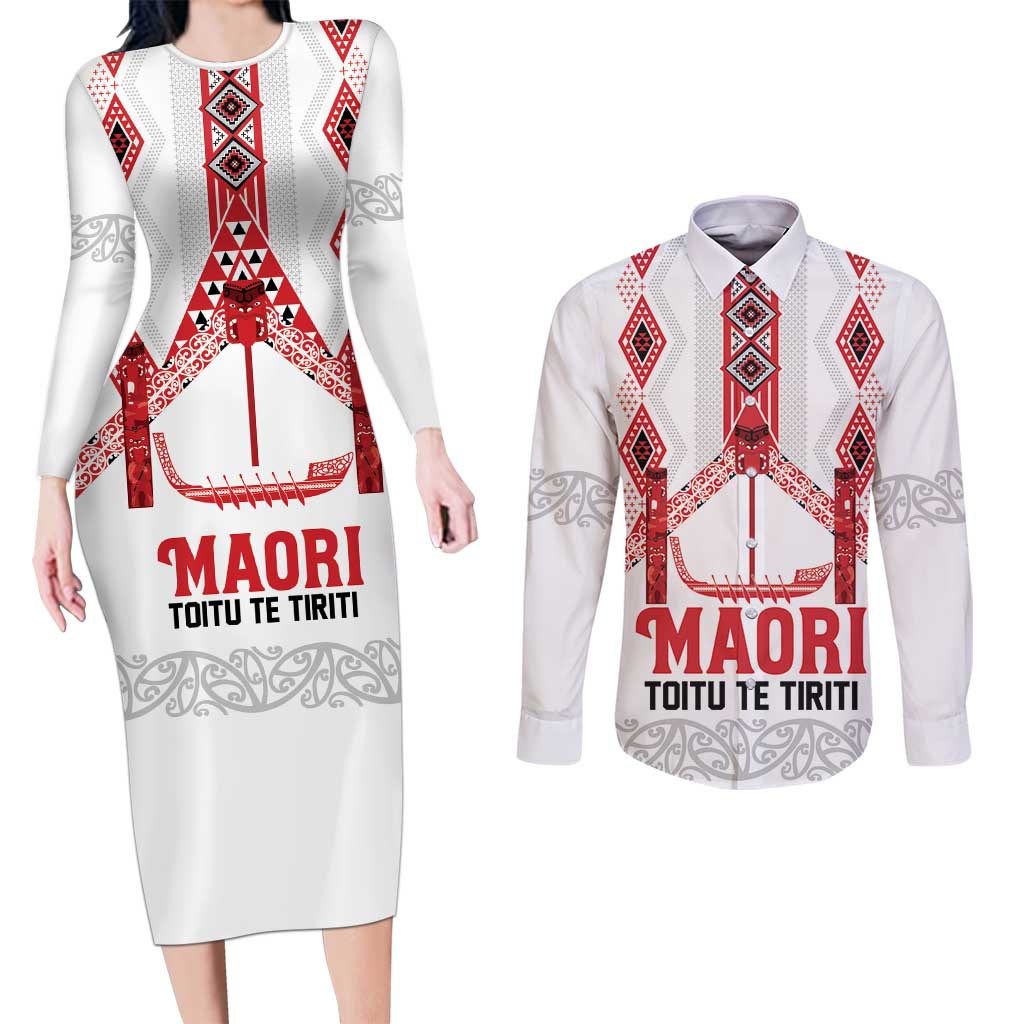 Toitu Te Tiriti Waitangi Couples Matching Long Sleeve Bodycon Dress and Long Sleeve Button Shirt White Wharenui House - Polynesian Pride