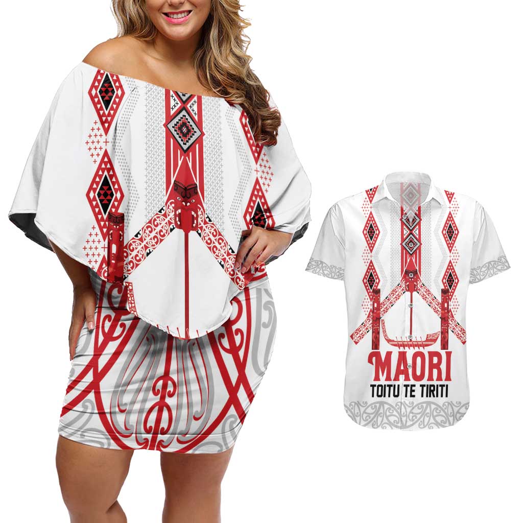 Toitu Te Tiriti Waitangi Couples Matching Off Shoulder Short Dress and Hawaiian Shirt White Wharenui House - Polynesian Pride