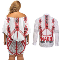 Toitu Te Tiriti Waitangi Couples Matching Off Shoulder Short Dress and Long Sleeve Button Shirt White Wharenui House - Polynesian Pride