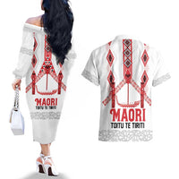 Toitu Te Tiriti Waitangi Couples Matching Off The Shoulder Long Sleeve Dress and Hawaiian Shirt White Wharenui House LT9 - Polynesian Pride