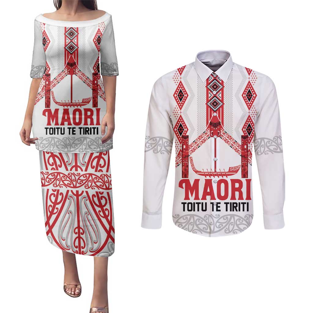 Toitu Te Tiriti Waitangi Couples Matching Puletasi and Long Sleeve Button Shirt White Wharenui House - Polynesian Pride