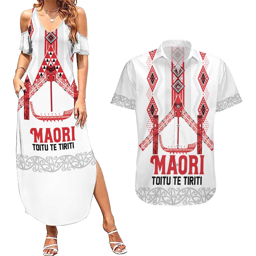 Toitu Te Tiriti Waitangi Couples Matching Summer Maxi Dress and Hawaiian Shirt White Wharenui House - Polynesian Pride