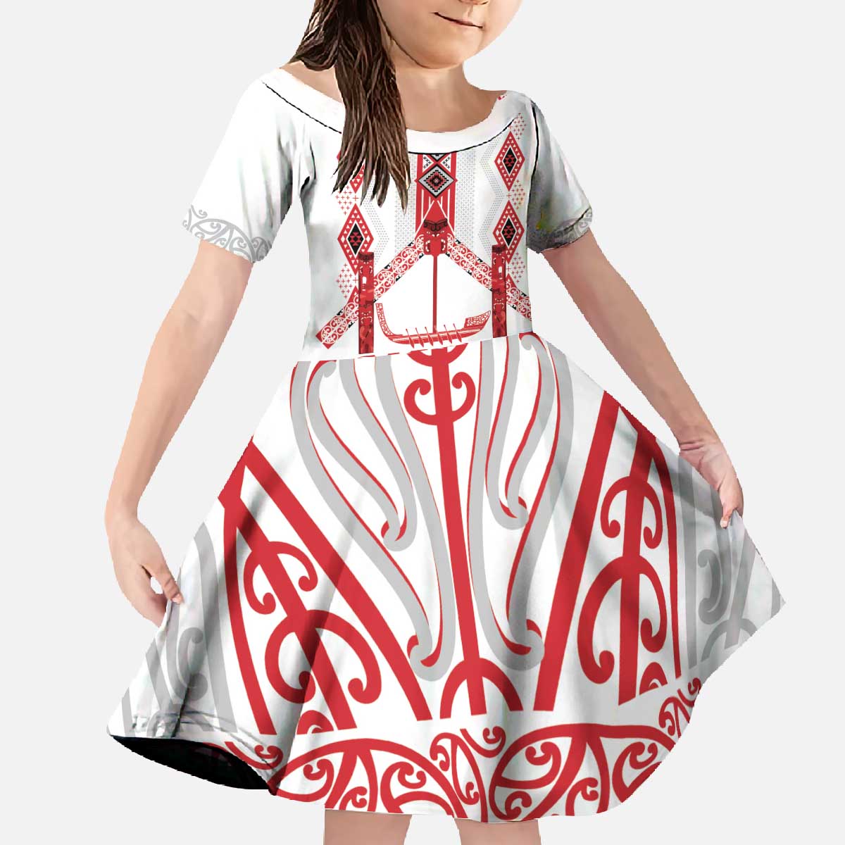 Toitu Te Tiriti Waitangi Family Matching Off The Shoulder Long Sleeve Dress and Hawaiian Shirt White Wharenui House LT9 Daughter's Dress white - Polynesian Pride