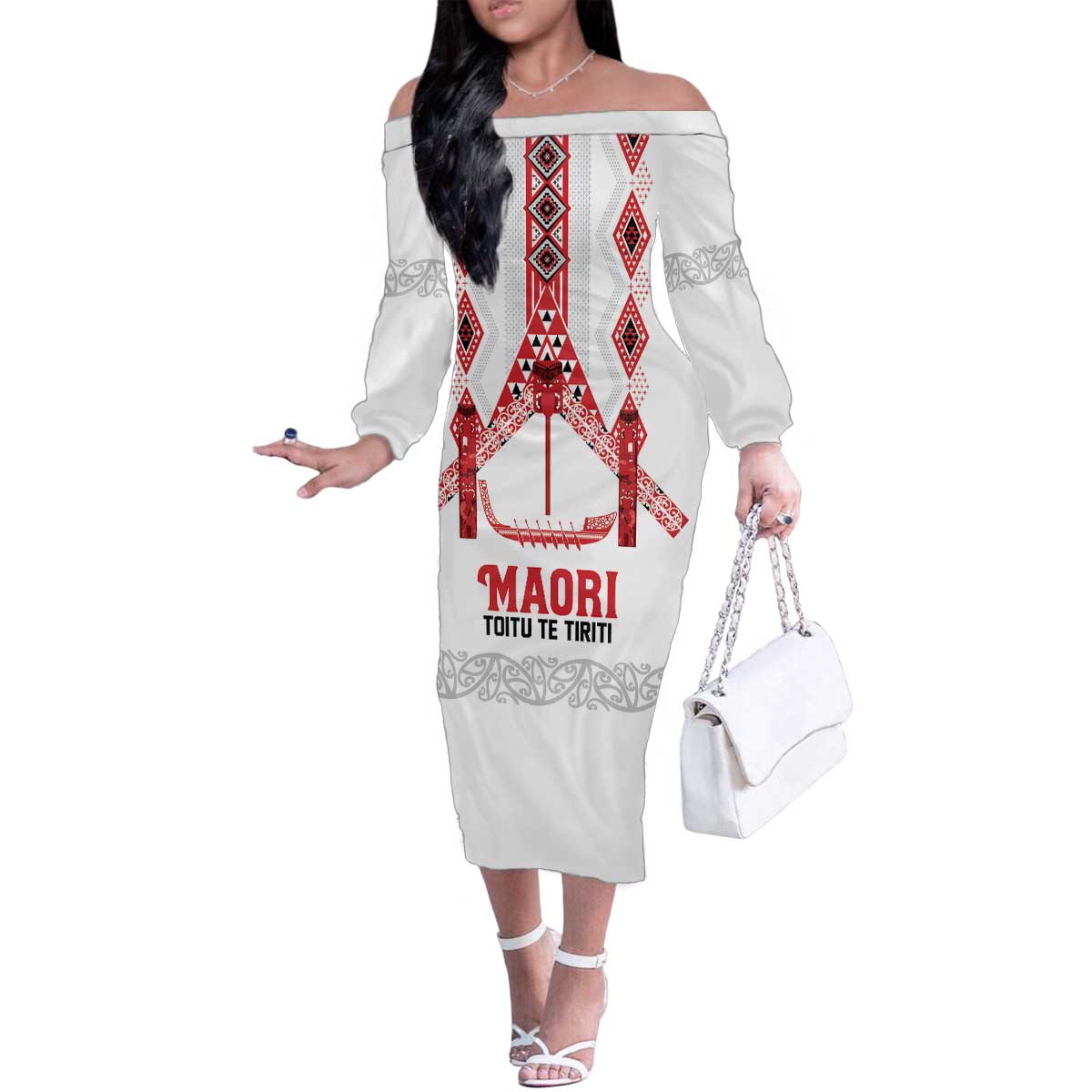 Toitu Te Tiriti Waitangi Family Matching Off The Shoulder Long Sleeve Dress and Hawaiian Shirt White Wharenui House LT9 Mom's Dress white - Polynesian Pride