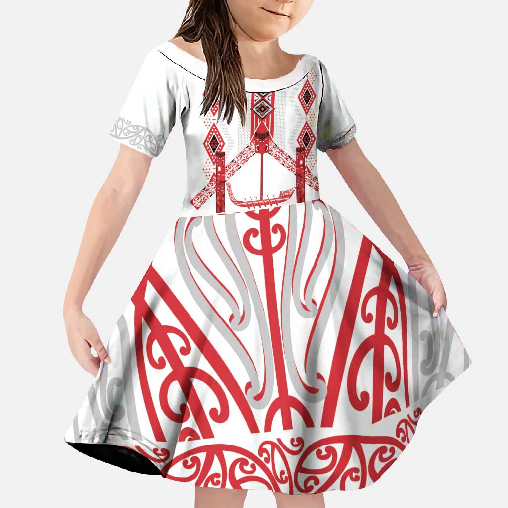 Toitu Te Tiriti Waitangi Family Matching Off Shoulder Maxi Dress and Hawaiian Shirt White Wharenui House LT9 Daughter's Dress white - Polynesian Pride