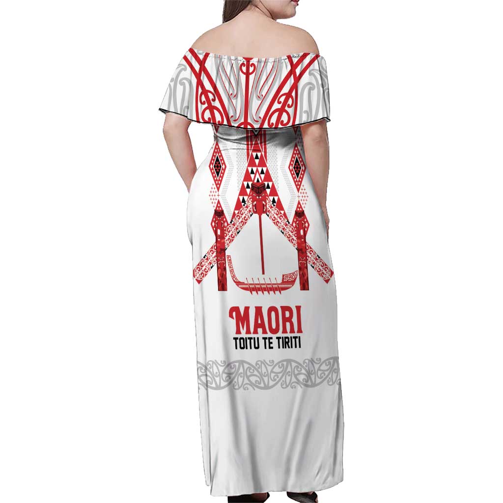 Toitu Te Tiriti Waitangi Family Matching Off Shoulder Maxi Dress and Hawaiian Shirt White Wharenui House LT9 - Polynesian Pride