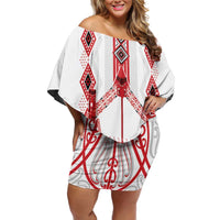 Toitu Te Tiriti Waitangi Family Matching Off Shoulder Short Dress and Hawaiian Shirt White Wharenui House LT9 Mom's Dress white - Polynesian Pride
