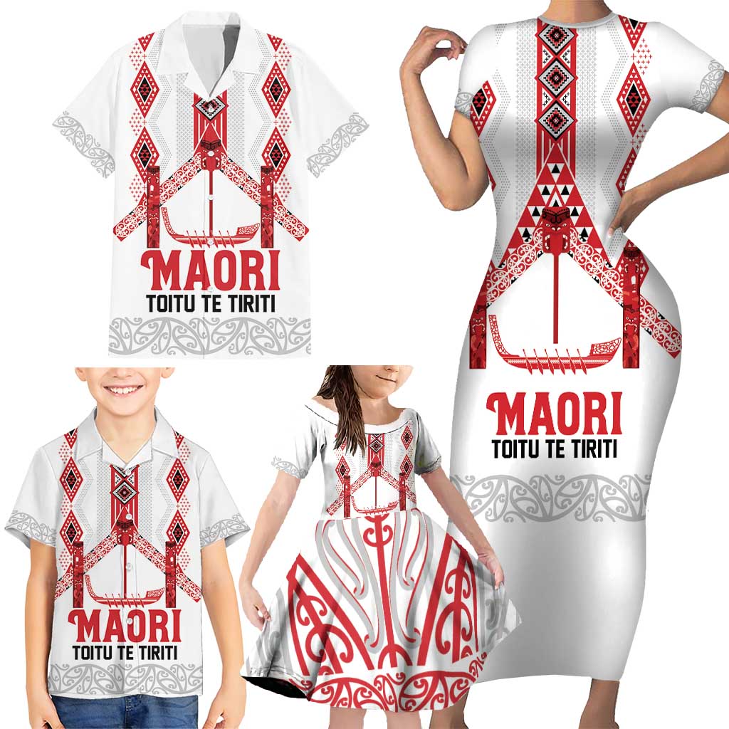 Toitu Te Tiriti Waitangi Family Matching Short Sleeve Bodycon Dress and Hawaiian Shirt White Wharenui House LT9 - Polynesian Pride