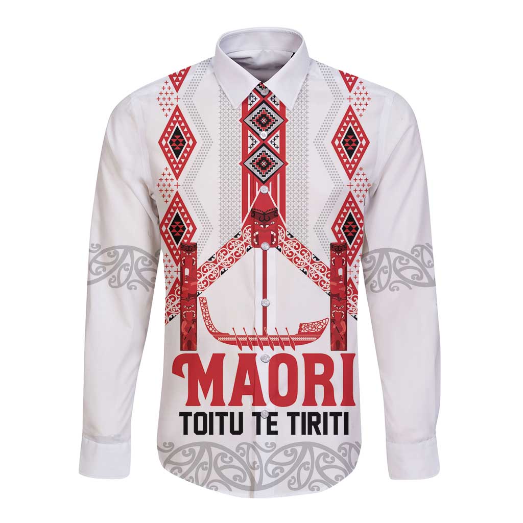 Toitu Te Tiriti Waitangi Long Sleeve Button Shirt White Wharenui House - Polynesian Pride