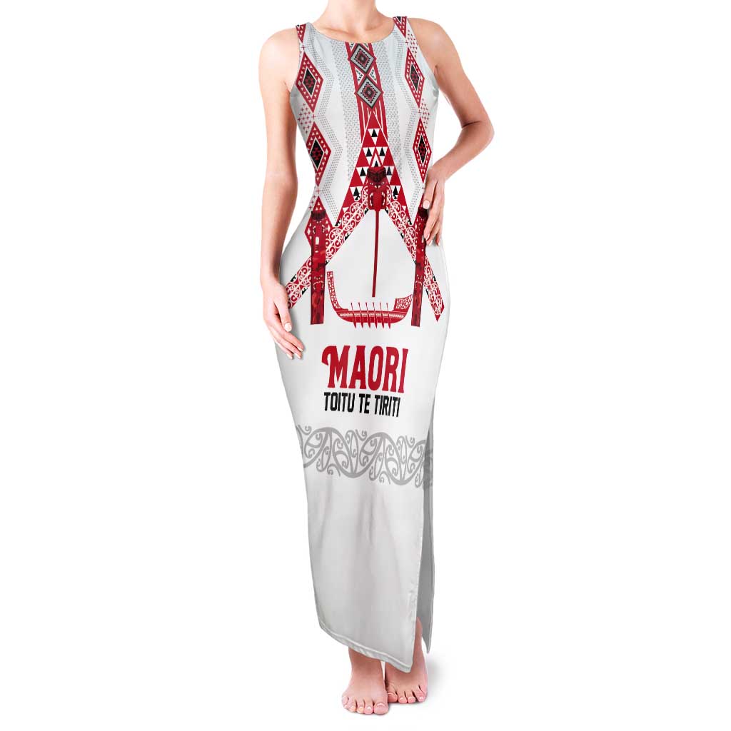 Toitu Te Tiriti Waitangi Tank Maxi Dress White Wharenui House - Polynesian Pride