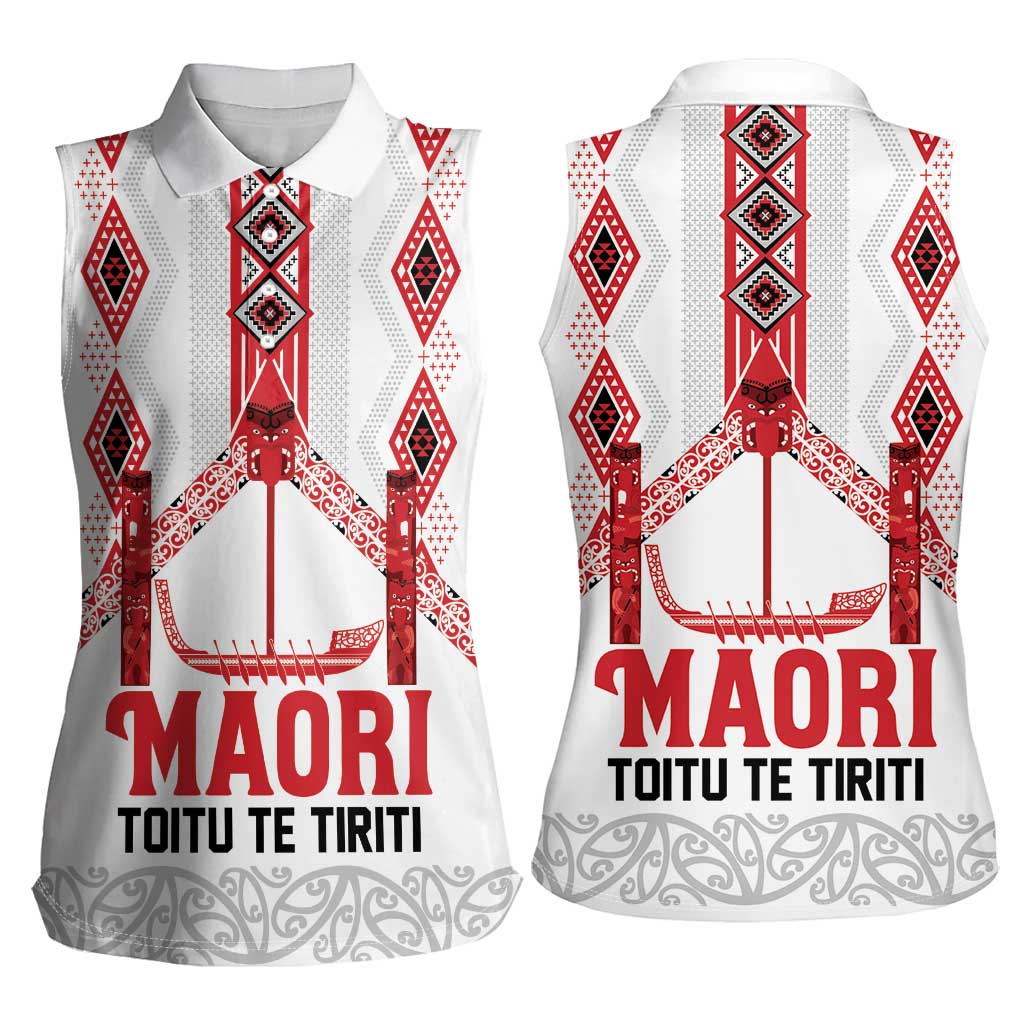 Toitu Te Tiriti Waitangi Women Sleeveless Polo Shirt White Wharenui House - Polynesian Pride