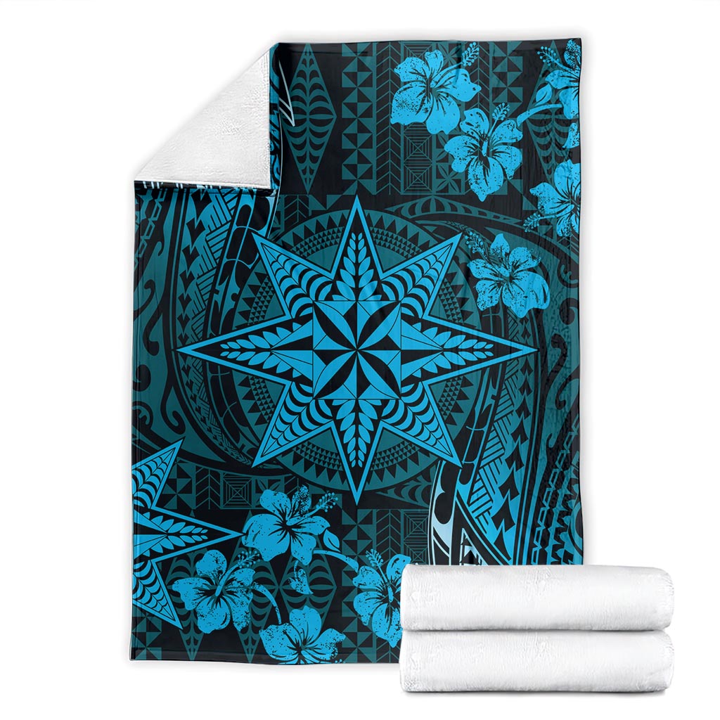 Vintage Tonga Tribal Ngatu Pattern Blanket With Pacific Floral Aqua Art