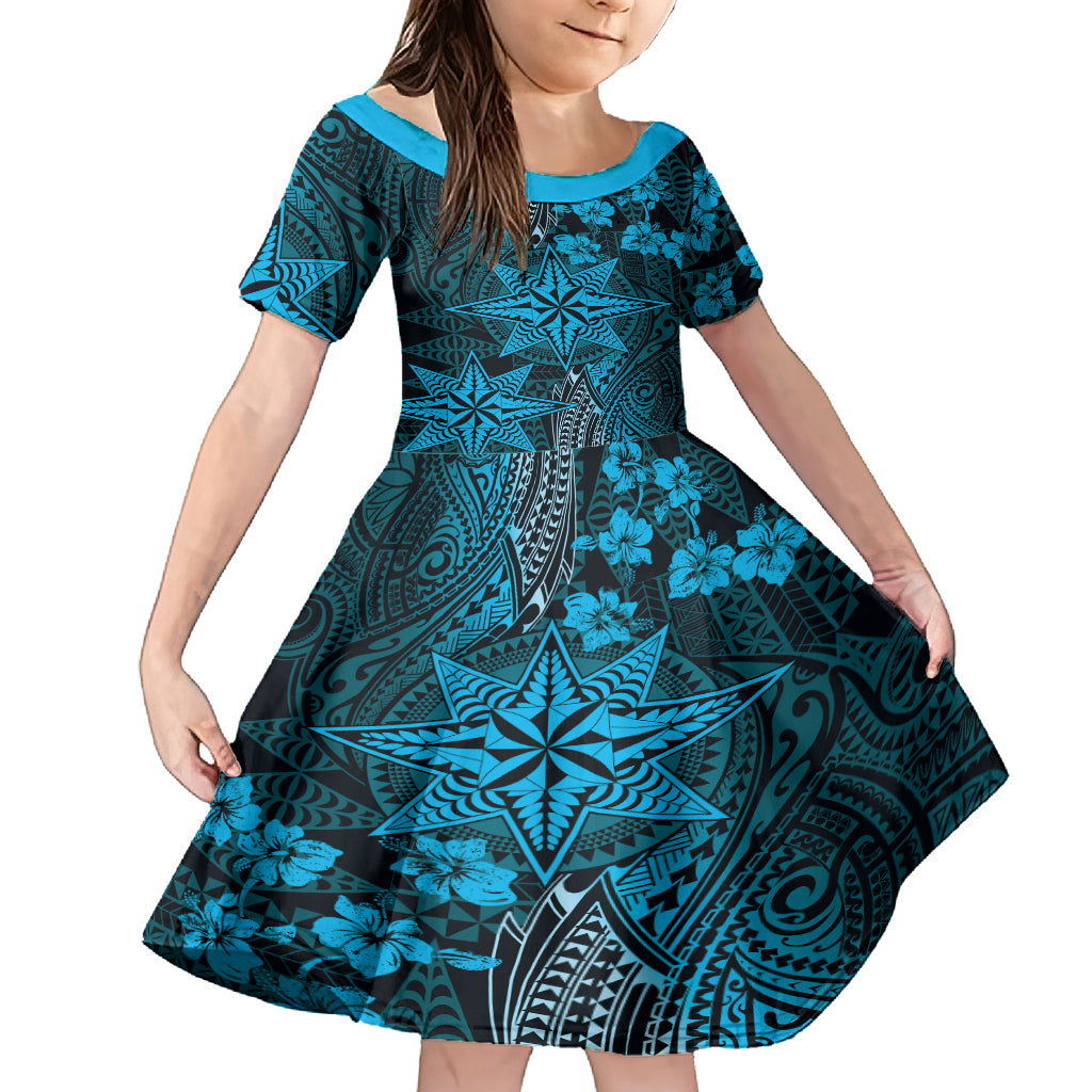Vintage Tonga Tribal Ngatu Pattern Family Matching Long Sleeve Bodycon Dress and Hawaiian Shirt With Pacific Floral Aqua Art LT9 Daughter's Dress Aqua - Polynesian Pride