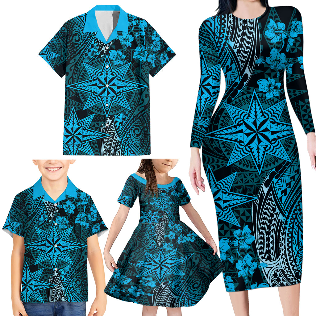 Vintage Tonga Tribal Ngatu Pattern Family Matching Long Sleeve Bodycon Dress and Hawaiian Shirt With Pacific Floral Aqua Art LT9 - Polynesian Pride