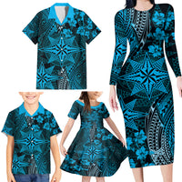 Vintage Tonga Tribal Ngatu Pattern Family Matching Long Sleeve Bodycon Dress and Hawaiian Shirt With Pacific Floral Aqua Art LT9 - Polynesian Pride