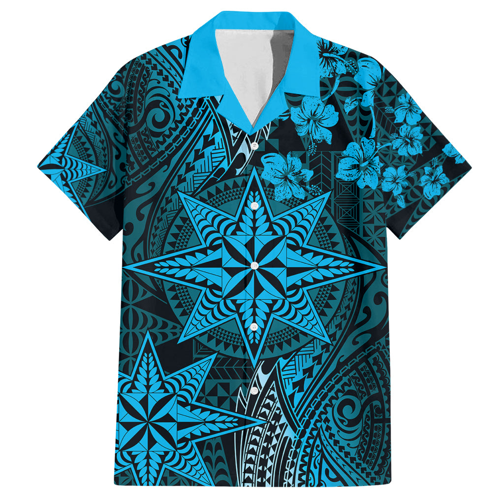 Vintage Tonga Tribal Ngatu Pattern Family Matching Long Sleeve Bodycon Dress and Hawaiian Shirt With Pacific Floral Aqua Art LT9 Dad's Shirt - Short Sleeve Aqua - Polynesian Pride