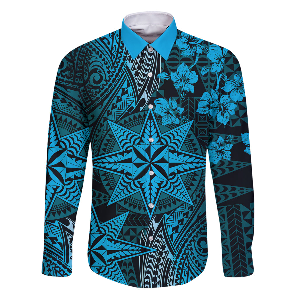 Vintage Tonga Tribal Ngatu Pattern Family Matching Long Sleeve Bodycon Dress and Hawaiian Shirt With Pacific Floral Aqua Art LT9 Dad's Shirt - Long Sleeve Aqua - Polynesian Pride