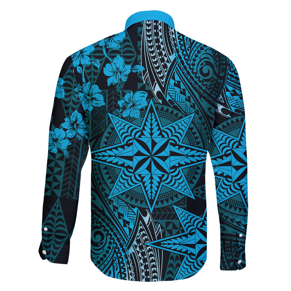 Vintage Tonga Tribal Ngatu Pattern Family Matching Mermaid Dress and Hawaiian Shirt With Pacific Floral Aqua Art