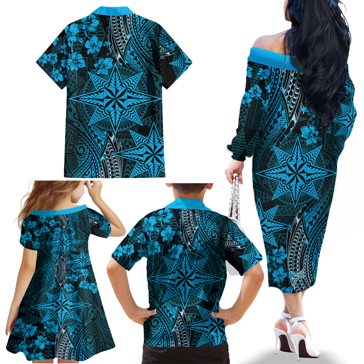 Vintage Tonga Tribal Ngatu Pattern Family Matching Off The Shoulder Long Sleeve Dress and Hawaiian Shirt With Pacific Floral Aqua Art LT9 - Polynesian Pride