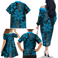 Vintage Tonga Tribal Ngatu Pattern Family Matching Off The Shoulder Long Sleeve Dress and Hawaiian Shirt With Pacific Floral Aqua Art LT9 - Polynesian Pride