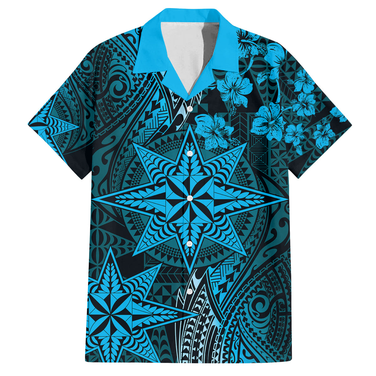 Vintage Tonga Tribal Ngatu Pattern Family Matching Off The Shoulder Long Sleeve Dress and Hawaiian Shirt With Pacific Floral Aqua Art LT9 Dad's Shirt - Short Sleeve Aqua - Polynesian Pride