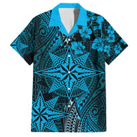 Vintage Tonga Tribal Ngatu Pattern Family Matching Off The Shoulder Long Sleeve Dress and Hawaiian Shirt With Pacific Floral Aqua Art LT9 Dad's Shirt - Short Sleeve Aqua - Polynesian Pride