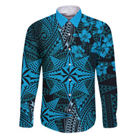Vintage Tonga Tribal Ngatu Pattern Family Matching Off The Shoulder Long Sleeve Dress and Hawaiian Shirt With Pacific Floral Aqua Art LT9 Dad's Shirt - Long Sleeve Aqua - Polynesian Pride