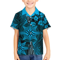 Vintage Tonga Tribal Ngatu Pattern Family Matching Off The Shoulder Long Sleeve Dress and Hawaiian Shirt With Pacific Floral Aqua Art LT9 Son's Shirt Aqua - Polynesian Pride