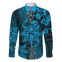 Vintage Tonga Tribal Ngatu Pattern Family Matching Off Shoulder Maxi Dress and Hawaiian Shirt With Pacific Floral Aqua Art LT9 Dad's Shirt - Long Sleeve Aqua - Polynesian Pride