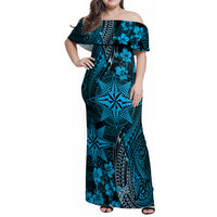 Vintage Tonga Tribal Ngatu Pattern Family Matching Off Shoulder Maxi Dress and Hawaiian Shirt With Pacific Floral Aqua Art LT9 Mom's Dress Aqua - Polynesian Pride