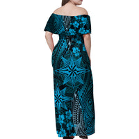 Vintage Tonga Tribal Ngatu Pattern Family Matching Off Shoulder Maxi Dress and Hawaiian Shirt With Pacific Floral Aqua Art LT9 - Polynesian Pride