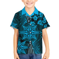 Vintage Tonga Tribal Ngatu Pattern Family Matching Off Shoulder Maxi Dress and Hawaiian Shirt With Pacific Floral Aqua Art LT9 Son's Shirt Aqua - Polynesian Pride