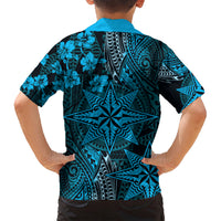 Vintage Tonga Tribal Ngatu Pattern Family Matching Off Shoulder Short Dress and Hawaiian Shirt With Pacific Floral Aqua Art LT9 - Polynesian Pride