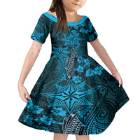 Vintage Tonga Tribal Ngatu Pattern Family Matching Off Shoulder Short Dress and Hawaiian Shirt With Pacific Floral Aqua Art LT9 Daughter's Dress Aqua - Polynesian Pride
