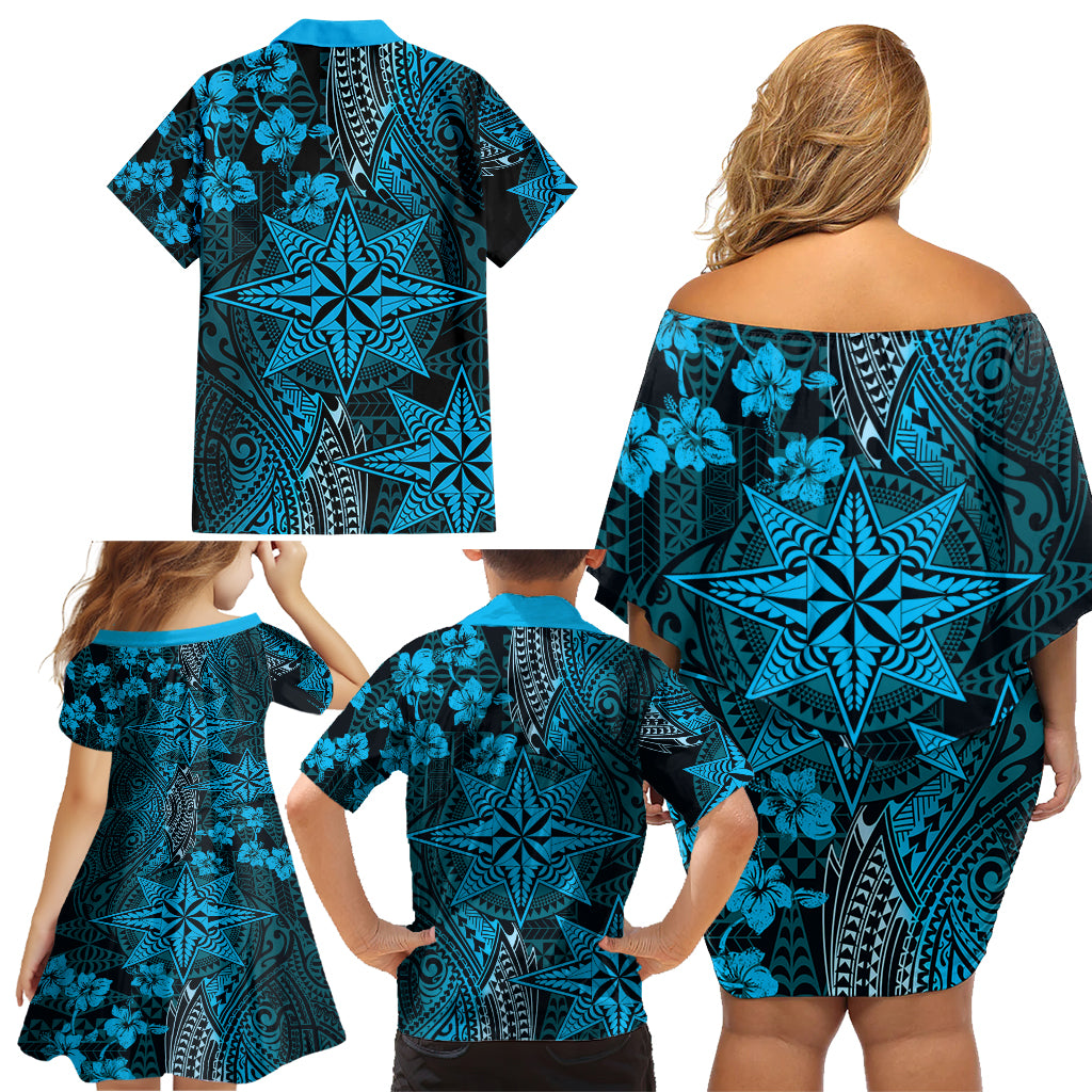 Vintage Tonga Tribal Ngatu Pattern Family Matching Off Shoulder Short Dress and Hawaiian Shirt With Pacific Floral Aqua Art LT9 - Polynesian Pride